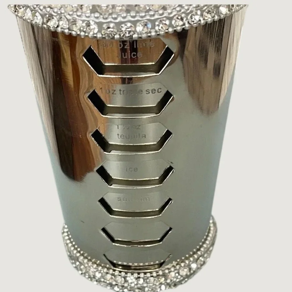 Global Export Nickel Metal Bling Cocktail Shaker Etched Built-In Recipes 3pc Set